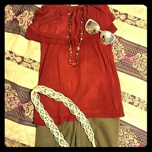 Elastic flare neck maroon blouse/T-shirt